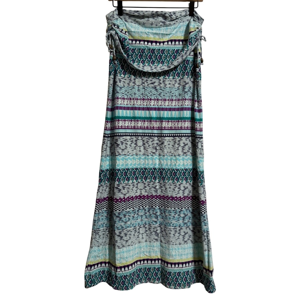 Athleta Women Teal Purple Geometric Tribal Print Fold Over Maxi Skirt Medium